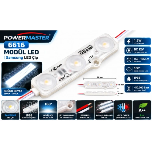 Powermaster 6616 Samsung Çipli Modül LED 12V 1.5W Soğuk Beyaz 6500K IP68 Su Geçirmez 3 LEDli