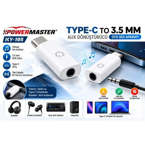 Powermaster KY-195 Type-C to 3.5 mm AUX Dönüştürücü OTG Ses Adaptörü – USB-C Kulaklık ve Ses Çıkış Aparatı Beyaz