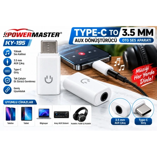 Powermaster KY-195 Type-C to 3.5 mm AUX Dönüştürücü OTG Ses Adaptörü – USB-C Kulaklık ve Ses Çıkış Aparatı Beyaz