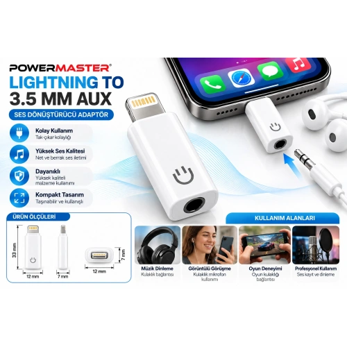 PowerMaster Lightning to 3.5mm AUX Kulaklık Dönüştürücü Adaptör – iPhone Uyumlu Ses Çevirici