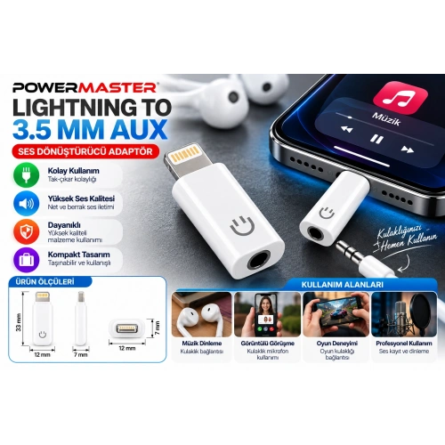 PowerMaster Lightning to 3.5mm AUX Kulaklık Dönüştürücü Adaptör – iPhone Uyumlu Ses Çevirici