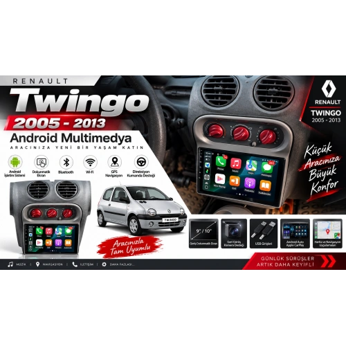 Renault Twingo Android Teyp – Renault Twingo ( 2005 - 2013 ) Oem Android Multimedya – Renault Twingo Android Double Teyp