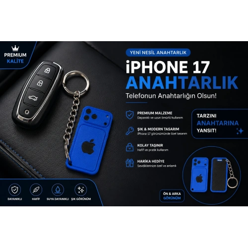 Telefon Görünümlü Anahtarlık , iPhone 17 Mavi Anahtarlık - iPhone Görünümlü Araba Anahtarlığı