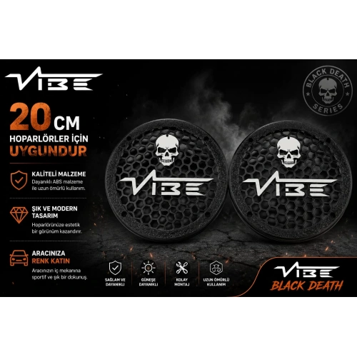 VİBE Black Death 20cm Hoparlör Kapağı - VİBE Logolu Kaliteli Plastik Midrange Hoparlör Kapak 20 cm - 2 Adet