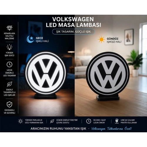 Volkswagen Masa Lambası , VW Logolu Led Işıklı Masa Lambası , Volkswagen Gündüz Gece Masa Lambası