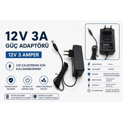 Weko 12v 3 Amper Adaptör - 36 W 5.5*2.5 Uçlu Adaptör - Led , Router veya kamera İçin Uygundur