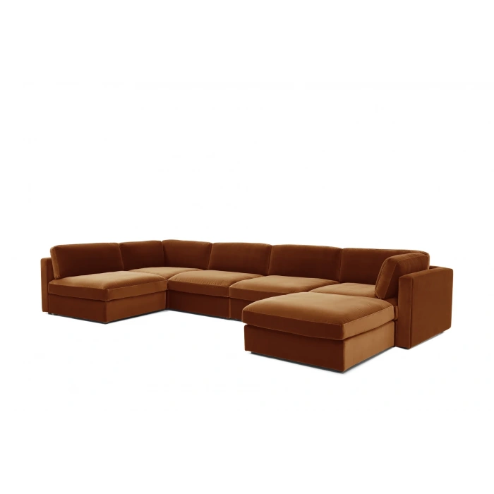 U Şekilli Modüler Koltuk & Puf – Bellami Serisi - Kiremit Kadife Kumaş- 380x190