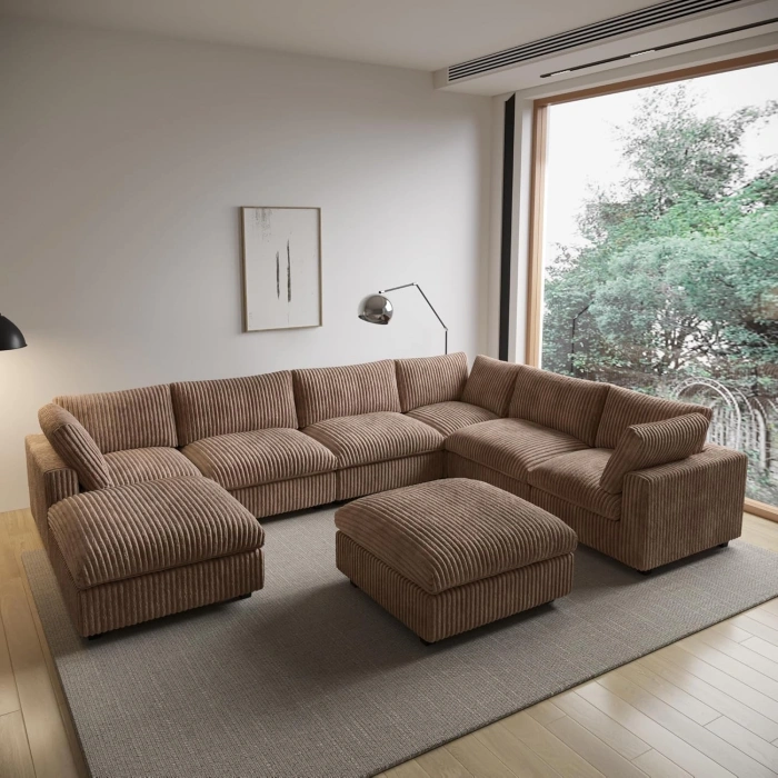 8’li L Şekilli Modüler Koltuk & Puf – Sirius Serisi - Kahverengi