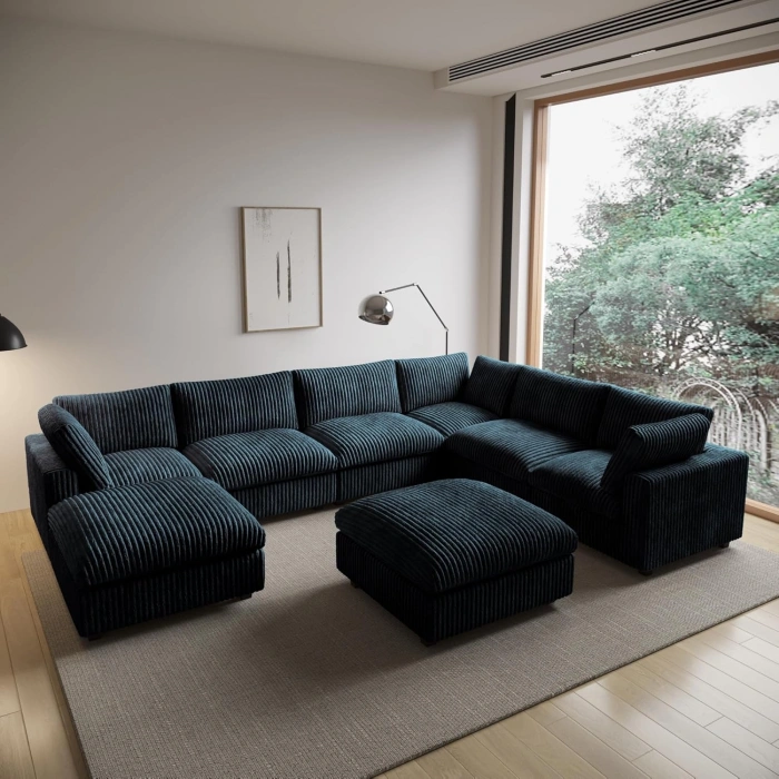 8’li L Şekilli Modüler Koltuk & Puf – Sirius Serisi - Siyah