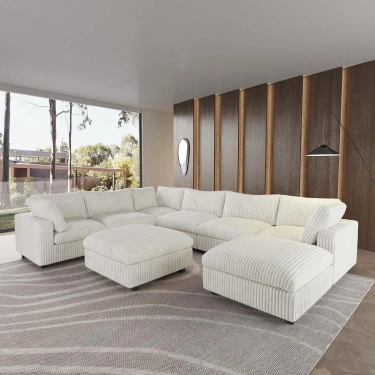 8’li L Şekilli Modüler Koltuk & Puf – Sirius Serisi - Beyaz