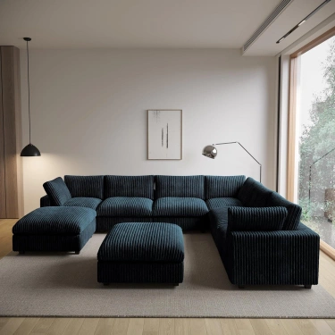 8’li L Şekilli Modüler Koltuk & Puf – Sirius Serisi - Siyah