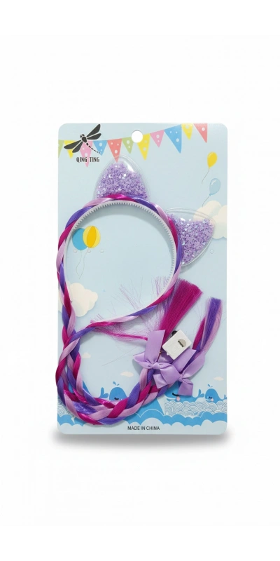 Simli Kedi Kulaklı Örgü Saç Tacı (IŞIKLI) mor renk