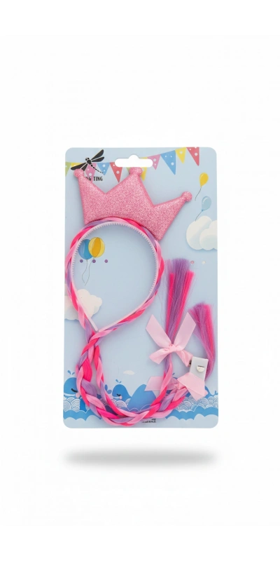 Simli Örgülü Prenses Tacı Çocuk Saç Aksesuarı (IŞIKLI) pembe renk