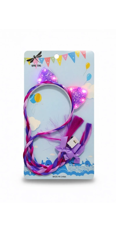 Simli Kedi Kulaklı Örgü Saç Tacı (IŞIKLI) mor renk