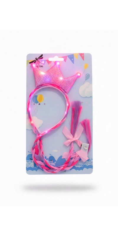 Simli Örgülü Prenses Tacı Çocuk Saç Aksesuarı (IŞIKLI) pembe renk