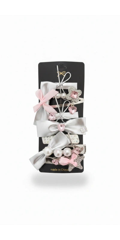 Gümüş Pembe Taşlı Kız Çocuk Toka Seti