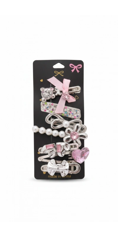 Pembe Kalp Taşlı Kız Çocuk Toka Seti