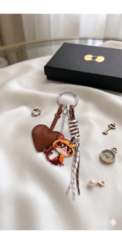 Kalp Kedi Figürlü Çanta Süsü Anahtarlık