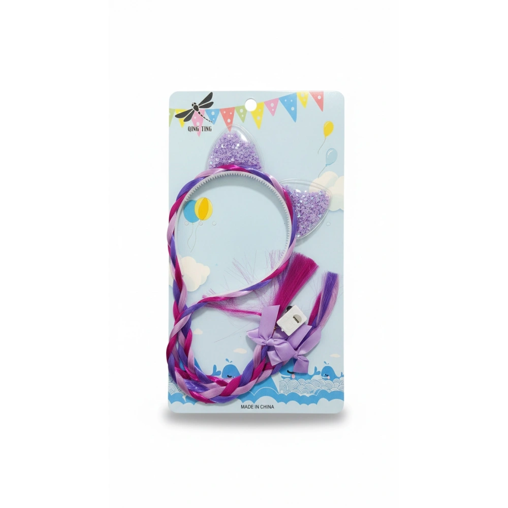 Simli Kedi Kulaklı Örgü Saç Tacı (IŞIKLI) mor renk