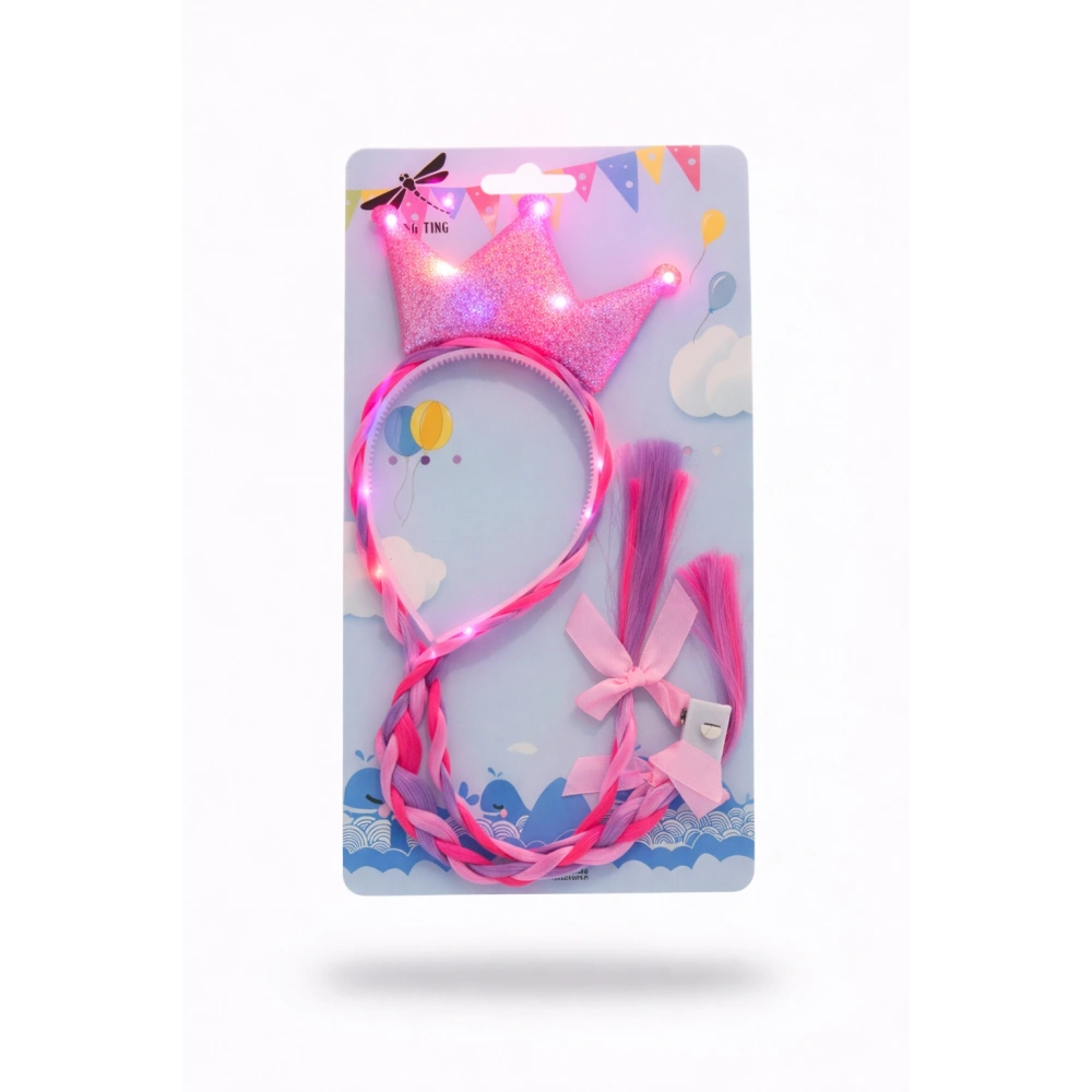 Simli Örgülü Prenses Tacı Çocuk Saç Aksesuarı (IŞIKLI) pembe renk