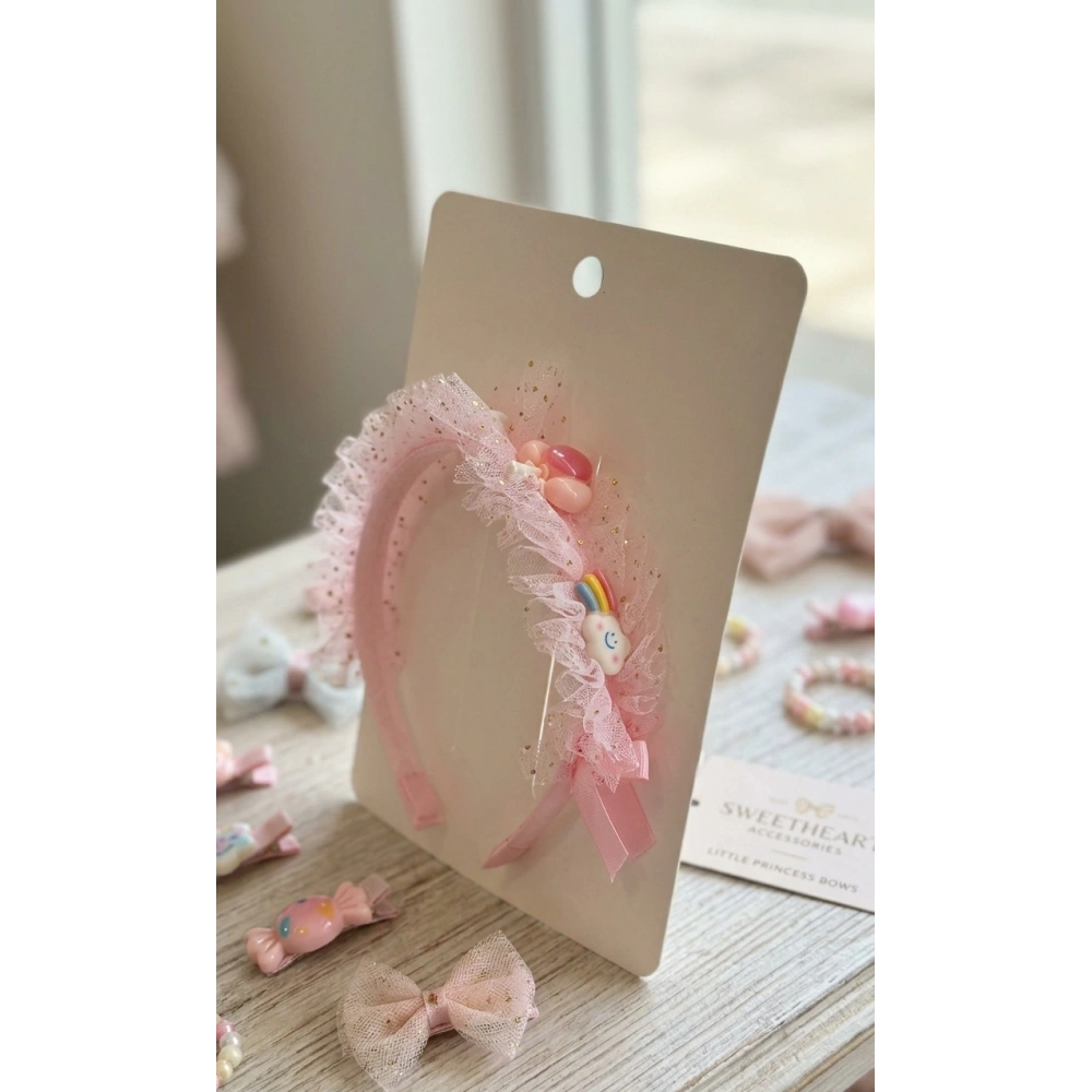 Simli Pembe Tüllü Çocuk Tacı