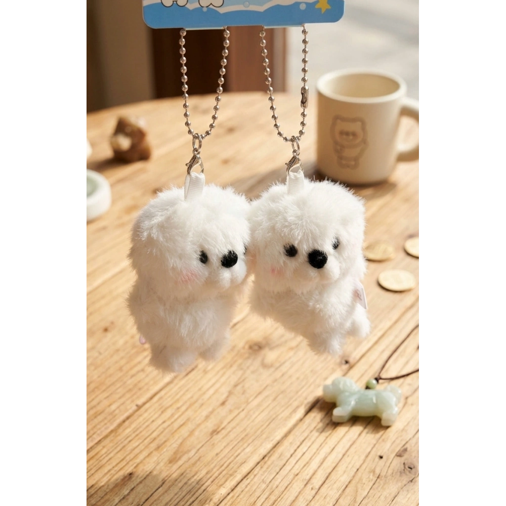 Beyaz Peluş Köpek Çanta Süsü Anahtarlık