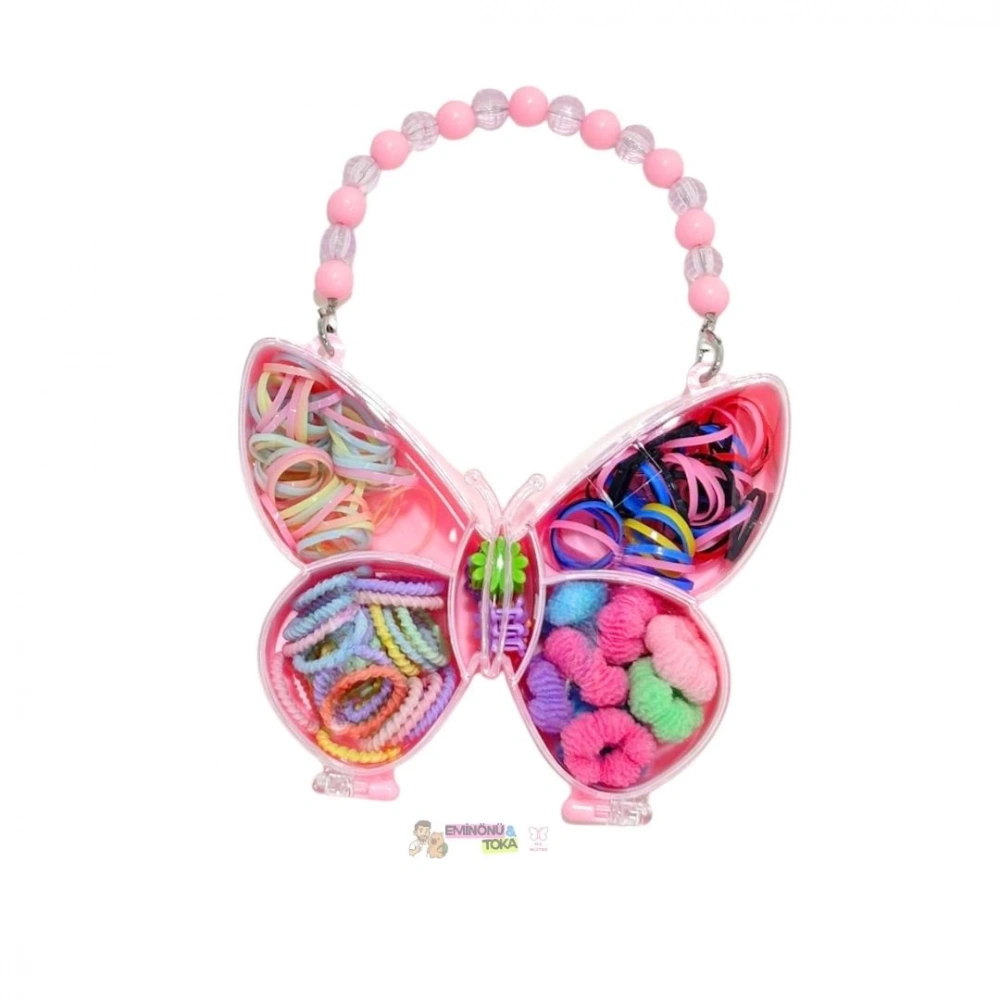Pembe Lastik Toka Seti Kelebek Çanta
