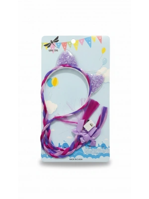 Simli Kedi Kulaklı Örgü Saç Tacı (IŞIKLI) mor renk