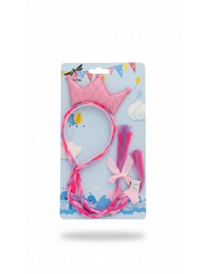 Simli Örgülü Prenses Tacı Çocuk Saç Aksesuarı (IŞIKLI) pembe renk