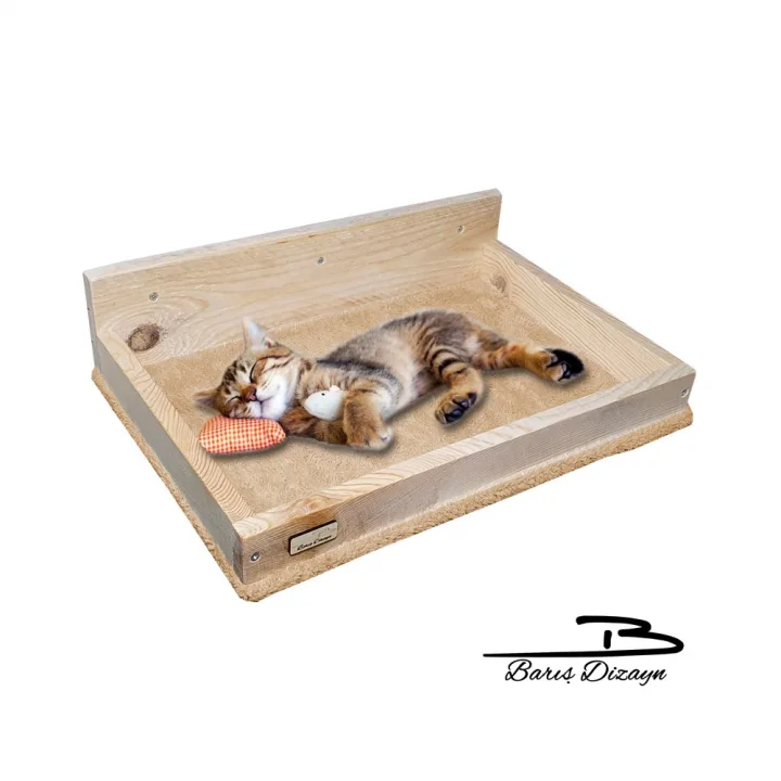 Barış Dizayn Duvara Monte Doğal Ahşap Kedi Yatağı Peluş kaplamalı (12KG Kapasiteli) Renk Seçimli