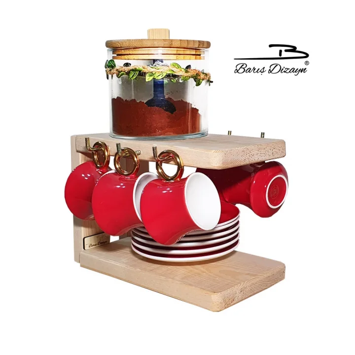 Barış Dizayn Doğal ahşap tabak standlı Türk kahvesi Fincan askısı Fincanlık L askılık (2 Renk)