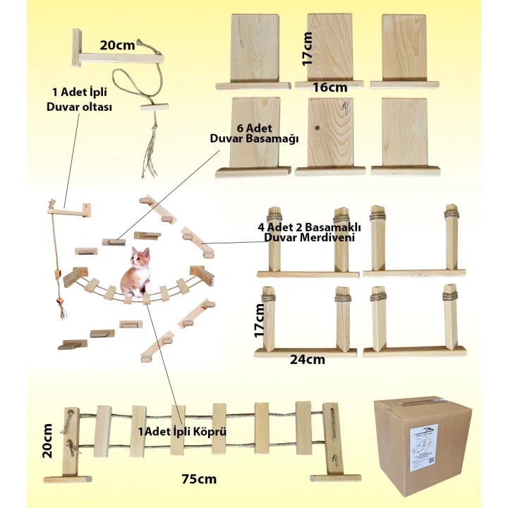 Toptan Satış - Barış Dizayn 12 Parça Doğal Ahşap Duvar Kedi Oyun Merdiveni Seti Köprü Platform Oyun Duvarı (SET1)