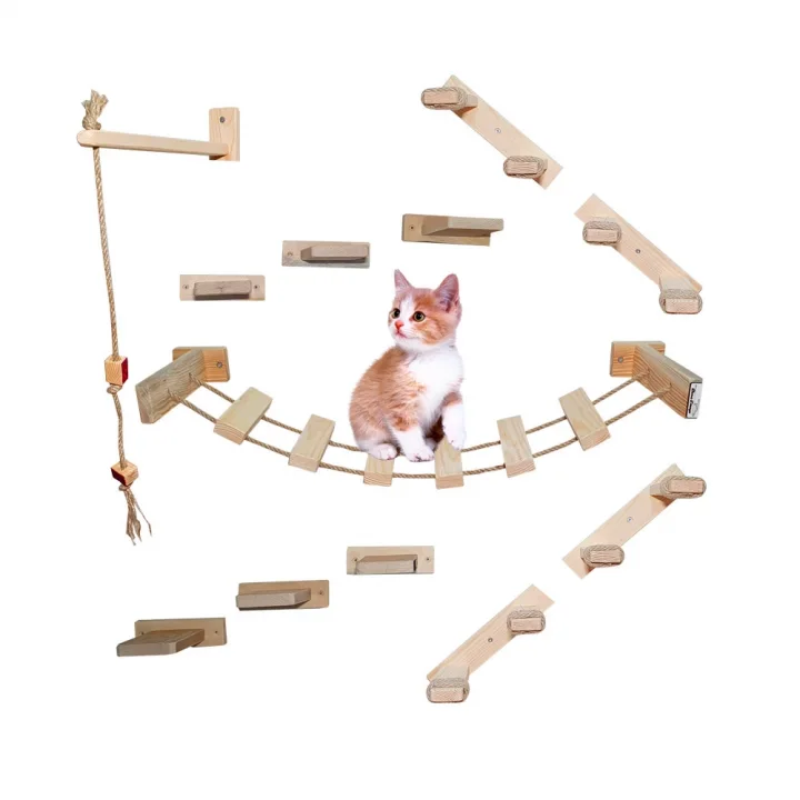 Toptan Satış - Barış Dizayn 12 Parça Doğal Ahşap Duvar Kedi Oyun Merdiveni Seti Köprü Platform Oyun Duvarı (SET1)