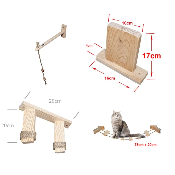 Barış Dizayn 12 Parça Doğal Ahşap Duvar Kedi Oyun Merdiveni Seti Köprü Platform Oyun Duvarı (SET1)