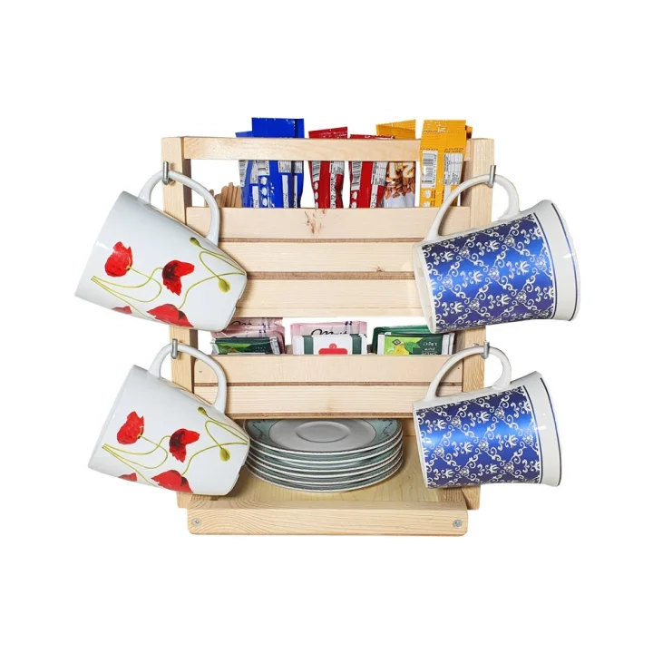 Barış Dizayn Doğal ahşap Poşet Çay Nescafe 3ü1 Arada standlı iki katlı masa askısı Fincanlık Kupa askısı