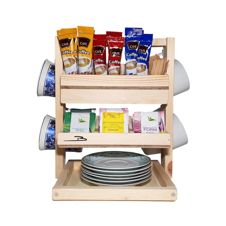 Barış Dizayn Doğal ahşap Poşet Çay Nescafe 3ü1 Arada standlı iki katlı masa askısı Fincanlık Kupa askısı