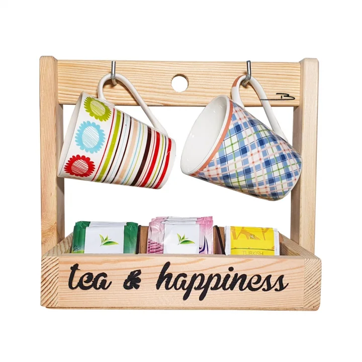 Barış Dizayn Doğal ahşap Poşet Çay standlı Premium masa askısı Fincanlık Kupa askısı Retro (Metal Askılı)