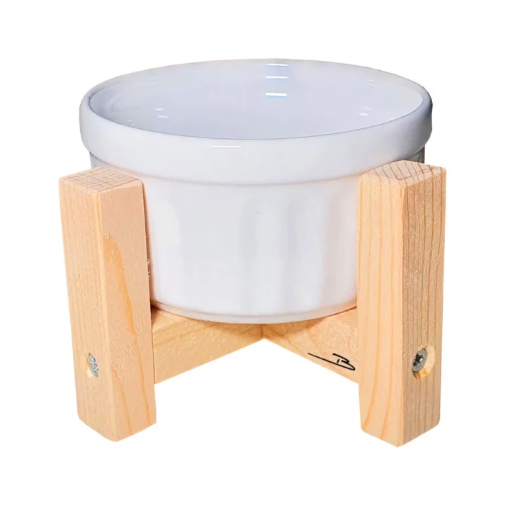 Barış Dizayn Doğal Ahşap Standlı Beyaz Porselen Kedi mama kabı su kabı Köpek mama kasesi mamalık (1 adet)