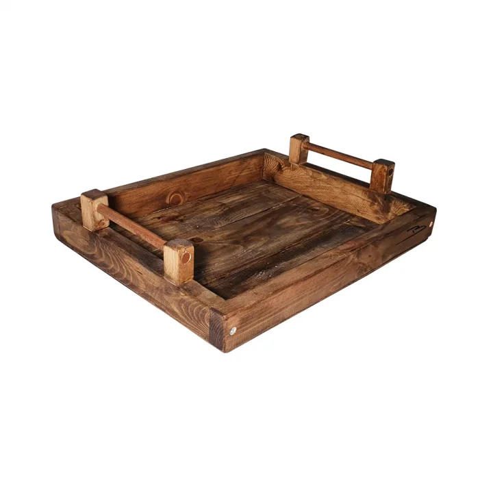 Barış Dizayn Doğal ahşap tepsi Çay tepsisi kahve tepsisi sunum tepsi retro rustik Çubuk saplı (ceviz vernikli)