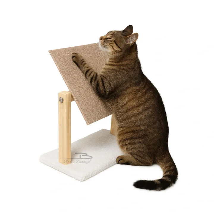 Doğal Ahşap Portatif Tırmalama Halısı Hareketli Panel Rampa Peluşlu (2 Renk)