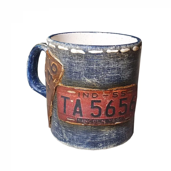 Maarem Kot Desenli El yapımı Eskitme Amerikan Plakalı Kabartmalı Bardak Kupa (Dekoratif)