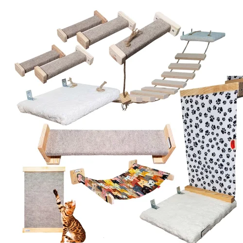 Barış Dizayn 10 Parça Doğal Ahşap Peluş Kedi Oyun Merdiveni Seti Köprü Platform Oyun Duvarı Tırmalama(MegaSET4)