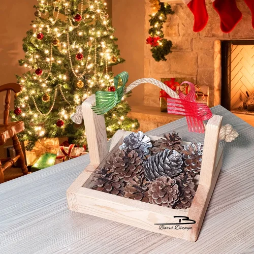Barış Dizayn Dekoratif Peçetelik Süs Yılbaşı Özel Sosluk Kozalak Kutusu Çam Ağacı Süsü Doğal Ahşap