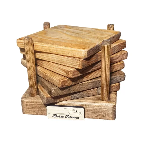 Barış Dizayn Doğal Ahşap Premium Standlı Bardak altlığı fincan altlığı çay tabağı (6lı set) Ceviz Vernikli