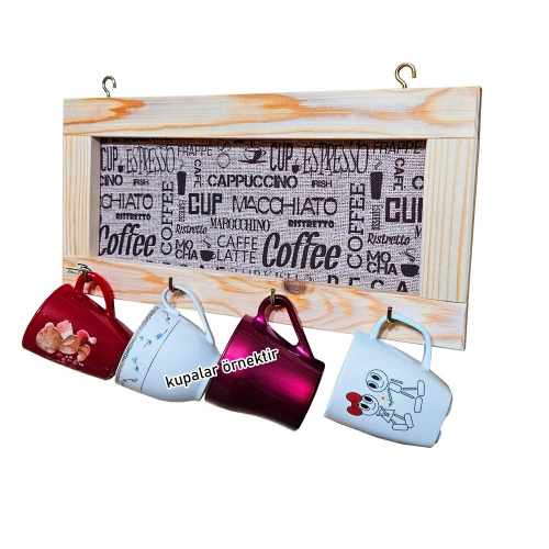 Doğal Ahşap/Kumaş 4 askılı Kupa askısı Fincanlık Retro L askılık (fincan dahil değildir)