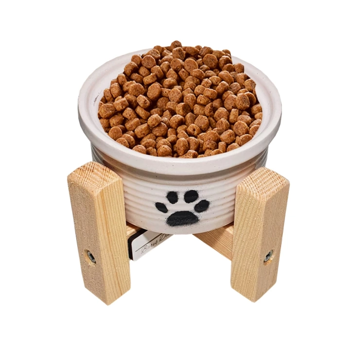 Barış Dizayn Doğal Ahşap Standlı Bej Porselen Kedi mama kabı su kabı Köpek mama kasesi mamalık (1 adet)
