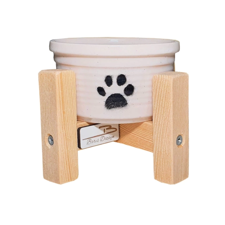 Barış Dizayn Doğal Ahşap Standlı Bej Porselen Kedi mama kabı su kabı Köpek mama kasesi mamalık (1 adet)