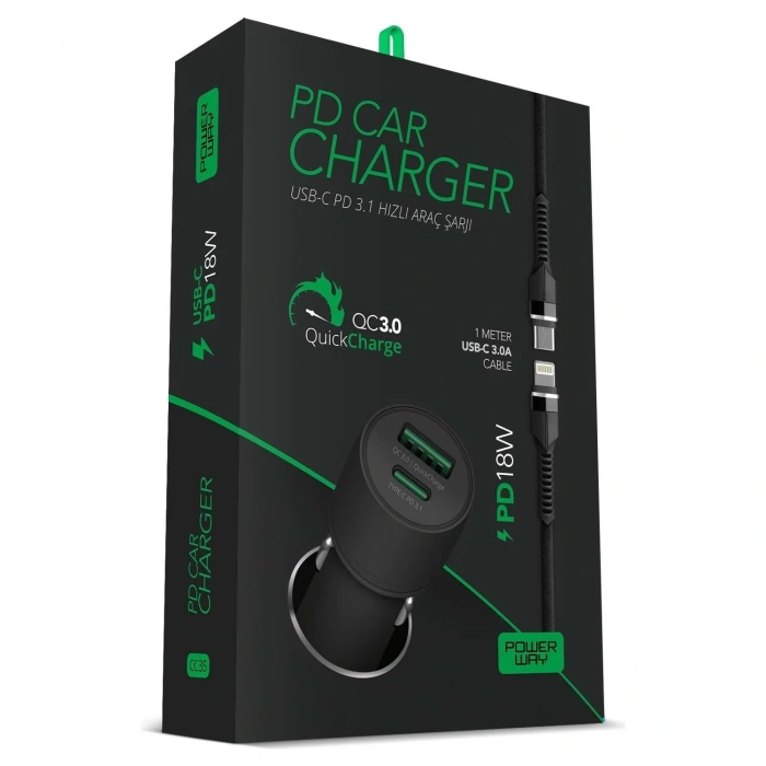 POWERWAY CC35 20W 3.1A TYPE-C IPHONE ARAÇ ŞARJ SETİ