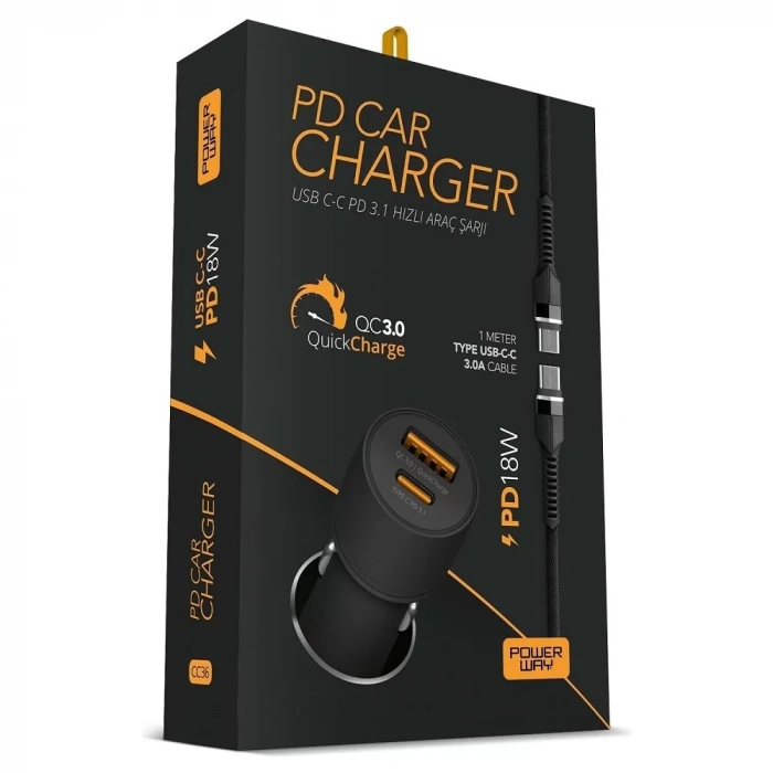 POWERWAY CC36 20W 3.1A TYPE-C-TYPE-C ARAÇ ŞARJ SETİ