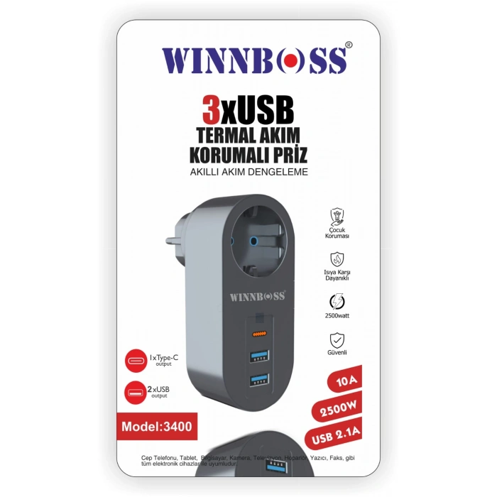 WINNBOSS 3400 3XUSB TEKLİ PRİZ